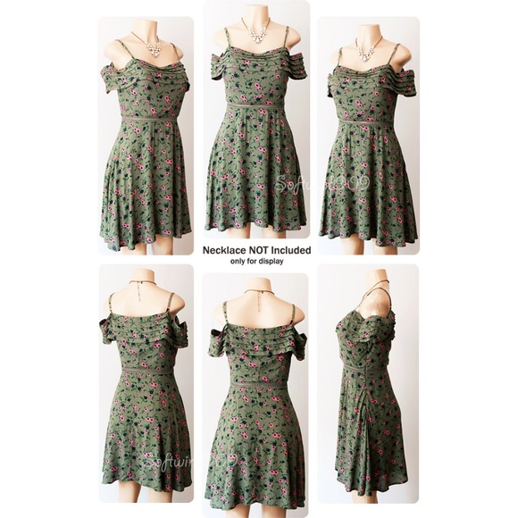 Last☝️Olive Floral Pleated Off Shoulder Cute Dress - Picture 6 of 7